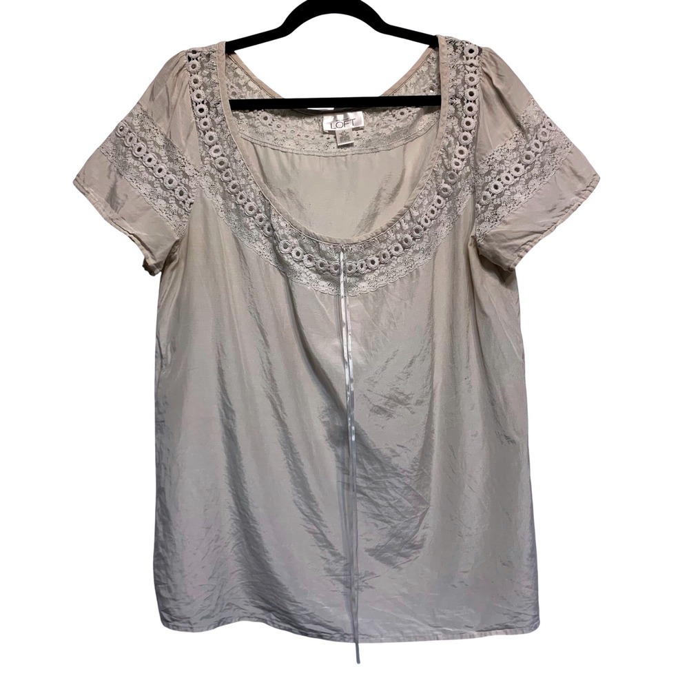 LOFT Lace Trim Blouse 14 Gray Silk Blend Coquette Fairy Ethereal Lagenlook Airy